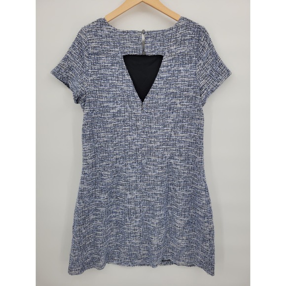 Loft 12 Tweed Dress Blue Black White Pencil Knee Length Short Sleeve Cut out V - Picture 6 of 8